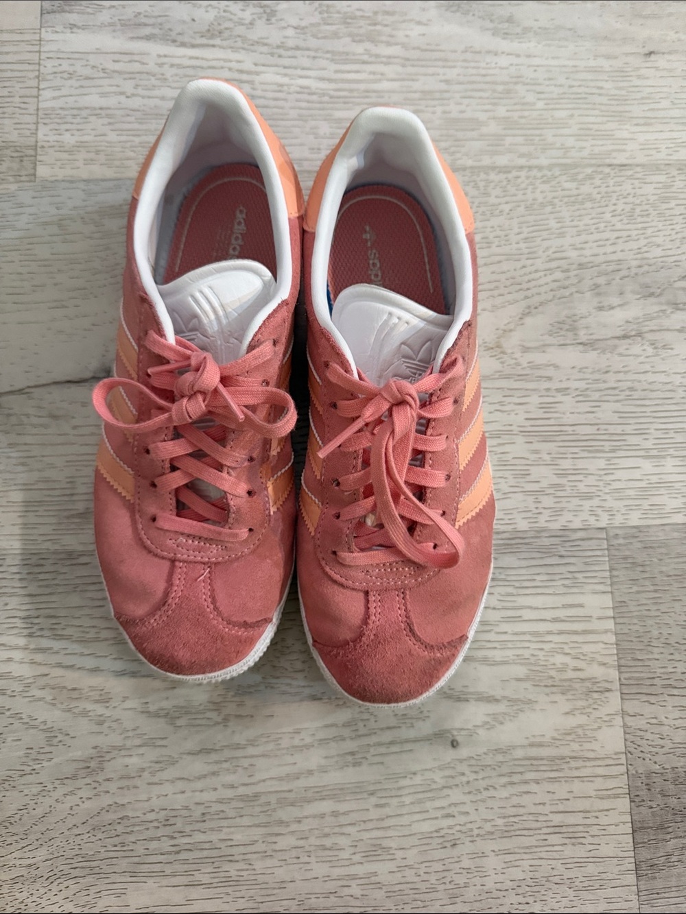 Adidas kids Coral Pink Suede Sneakers with Peach Stripes